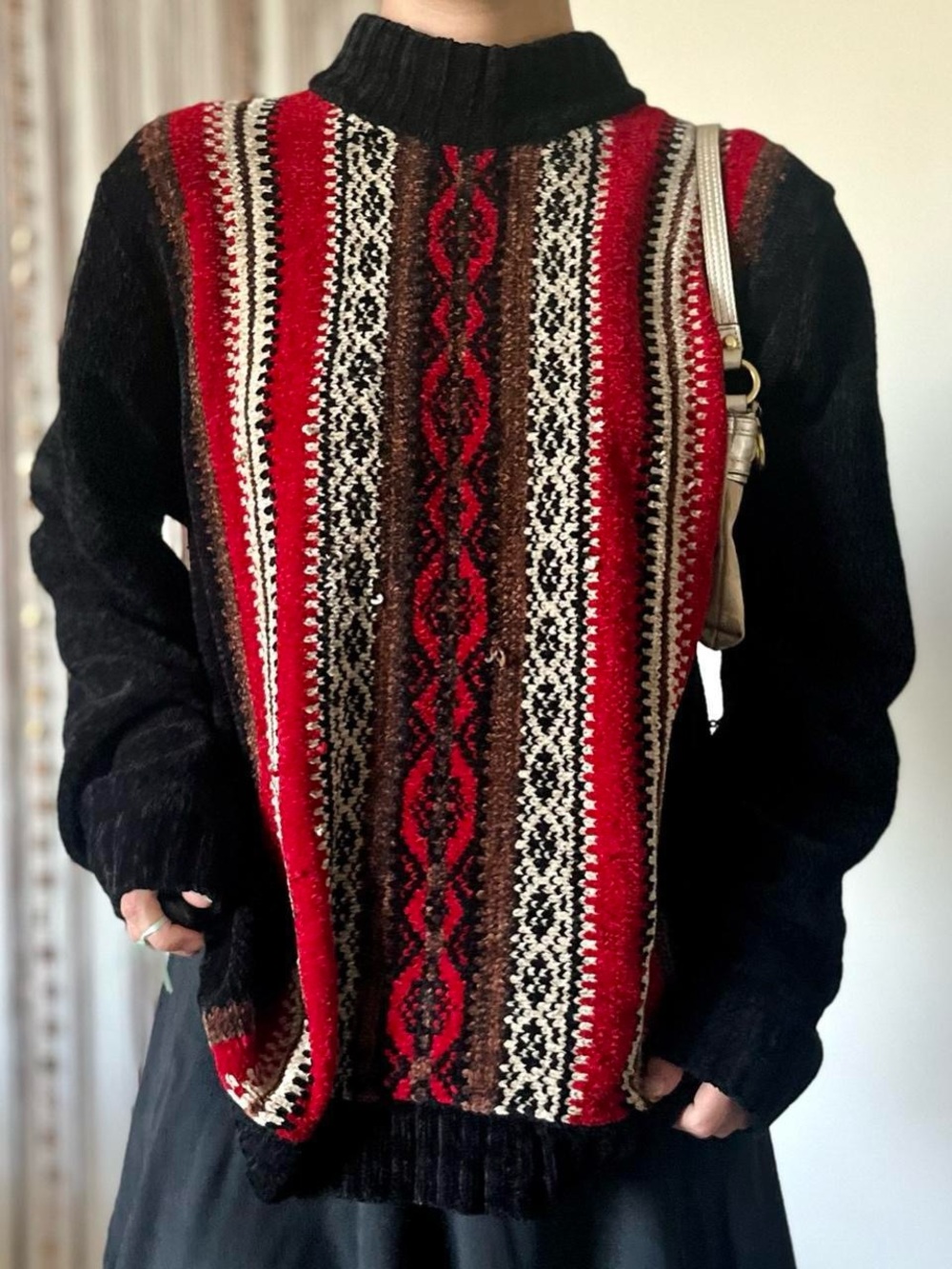 erika red and black patterned long sleeve sweater